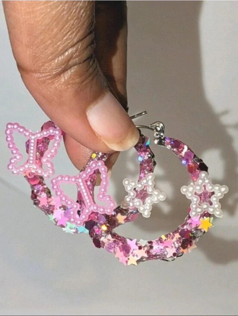 Handmade Pink Butterfly & Star Hoop Earrings - Pink Sparkle For Kids And Adults